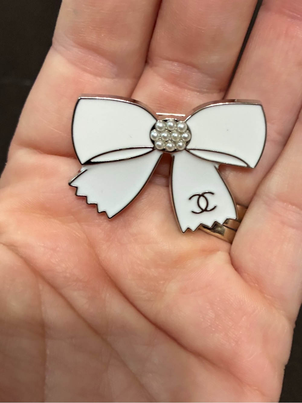 Silver Tone White Enamel Bow Brooch with Pearl Center
